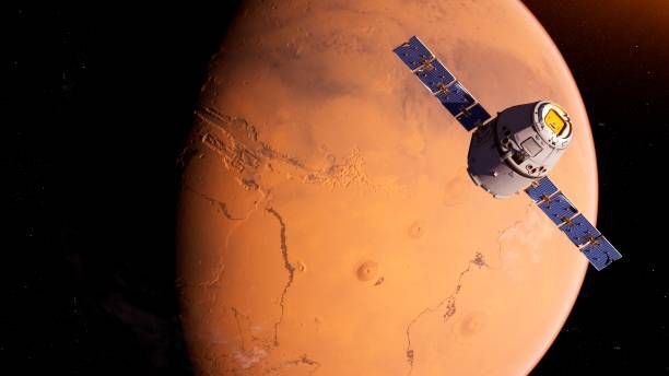 illustration of a satellite in front of mars - mars stock illustrations