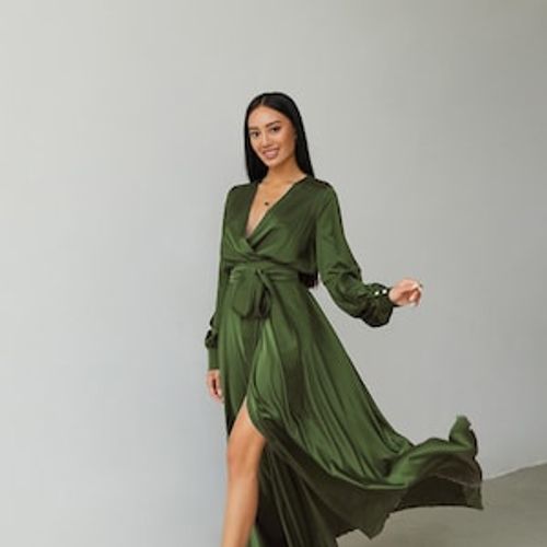 Olive Green Silk Satin Maxi Dress: Elegant Long Sleeve Gown