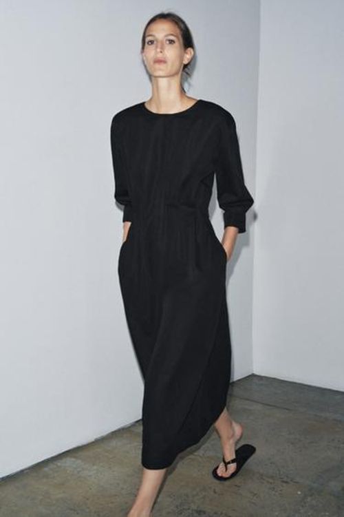 Zara ZW COLLECTION PLEATED MIDI DRESS - Black