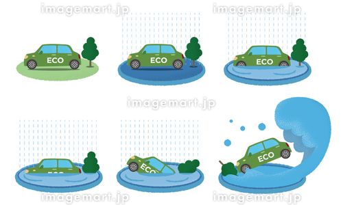 水害に遭う緑のエコカーのベクターイラストセット ハイブリッド,自動車ローン,ゲリラ豪雨のイラスト素材