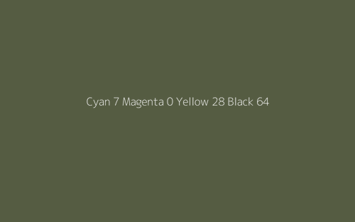 CMYK Color: Cyan 7 Magenta 0 Yellow 28 Black 64 CMYK name: Army green