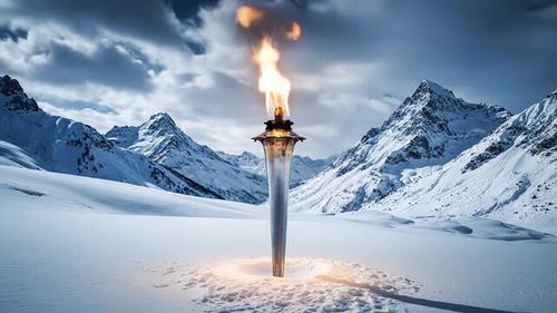 Majestic torch with a bright, warm flame burning against a dramatic backdrop of snowy mountains and a cloudy sky, symbolizing hope and victory