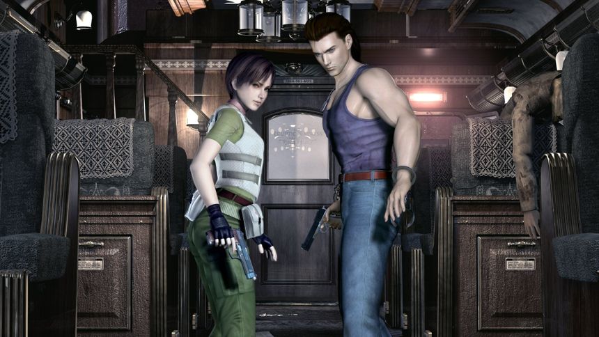 Resident Evil Zero HD PC desktop wallpaper (Resident Evil Archives: Resident Evil 0) depicting protagonists Rebecca Chambers and Billy Coen standing inside a dim, damaged train carriage.