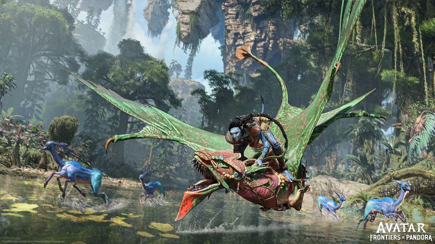 A Na'vi riding a mountain banshee from the game 'Avatar: Frontiers of Pandora.'