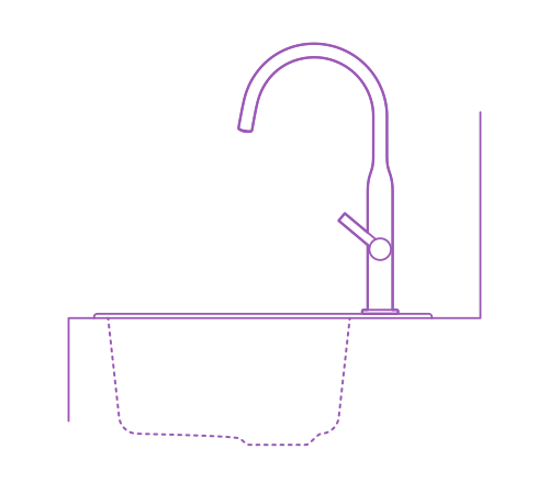 Elevation drawing of the IKEA Nyvattnet Kitchen Faucet set in a kitchen counter with a kitchen sink