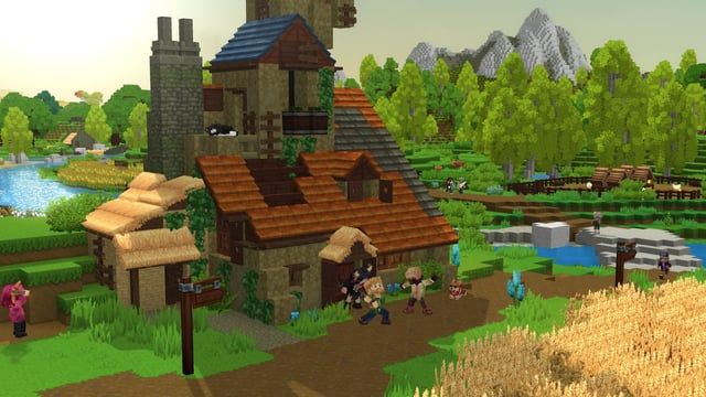 A colorful Hytale countryside build featuring a multi-level stone and wood house, surrounded by fields and rivers.