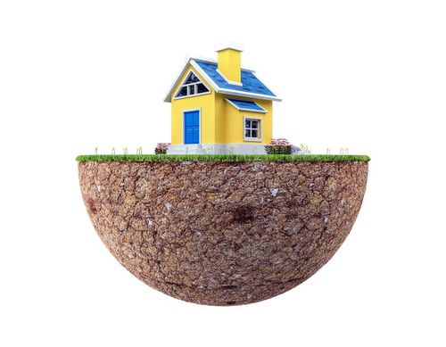 Floating land with small house and lawn isolated on white background, 3d rendering. House lawn illustrations