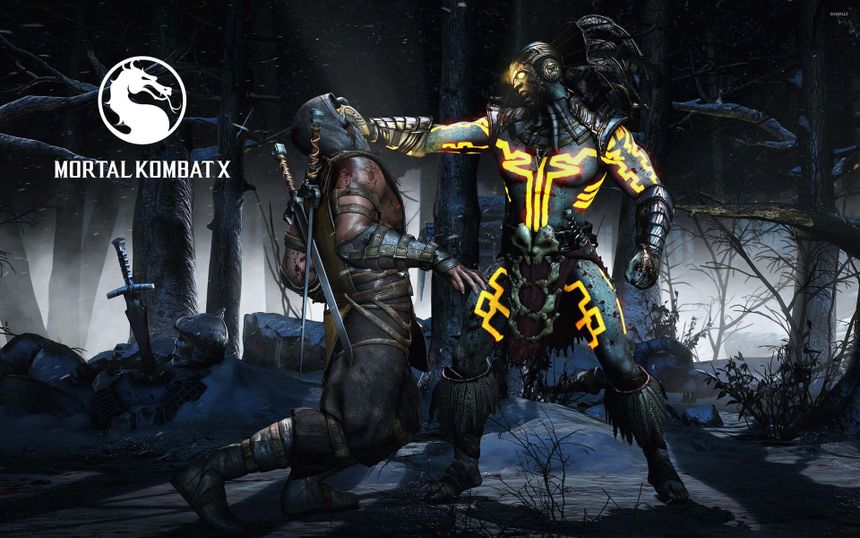 Two fighters in dark armor battle in a snowy forest at night. — Mortal Kombat X Wallpaper