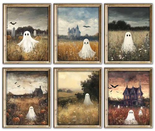 Vintage Halloween Ghost Wall Art Prints –6 Spooky Haunted House & Graveyard Posters, Scary Halloween Home, Bedroom & Party...