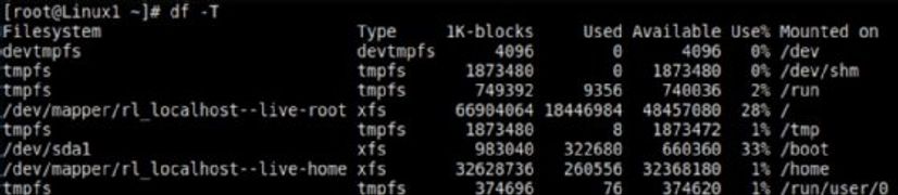 Figure 1. La commande df -T affiche des informations sur le stockage, dont le type de système de fichiers.
