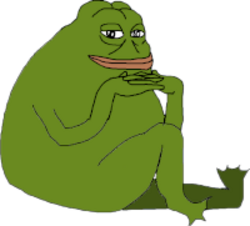 Groyper, a green cartoon frog, depicted sitting with one leg raised and his chin resting on interlocked fingers