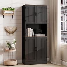 MHOM 71" Tall Pantry Cabinet with Charging Station, Farmhouse Kitchen Hutch with Adjustable Shelves, Modern Kitchen Pantry Storage Cabinet for Dinning Room & Living Room, Antique Black