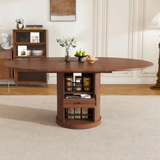 47.24"-59" Extendable Dining Room Table with Storage, Round Expandable Dining Table with Fluted Pedestal Base for 4 6, Walnut Space Saving Oval Kitchen Dinner Tables with 2-Tier Shelf and 1 Drawer