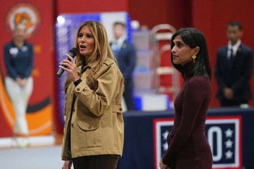 First lady Melania Trump accompanied by second lady Usha Vance speaks to students at Lejeune High School in Jacksonville, N.C., Wednesday, Nov. 19, 2025. (AP Photo/Matt Rourke)