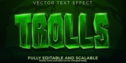 Trolls de efeitos de texto editáveis, desenho em 3D e estilo de fonte em quadrinhos