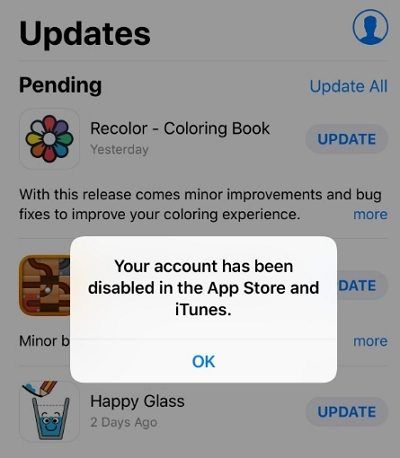 your account has been disabled in the app store and itunes