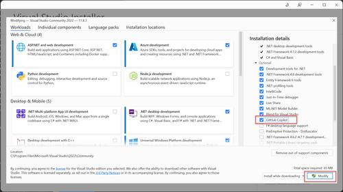 显示使用 Visual Studio 安装程序安装 GitHub Copilot 组件的屏幕截图。