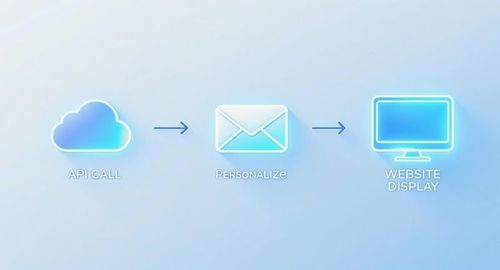 Workflow diagram showing API call, personalization through email, and website display with connected icons