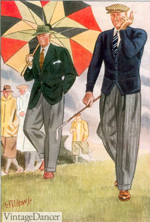 1930s men's summer fashion - green sportcoat or blue sweater coat over grey trousers, ivory shirts, necktie, tyrolean hat or flat cap.