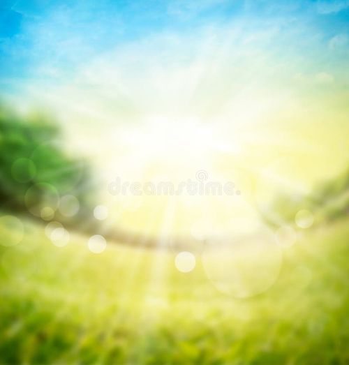 Blurred spring summer nature background with green meadow, trees on horizon and sun rays with bokeh. Nature stock images, royalty-free photos and pictures
