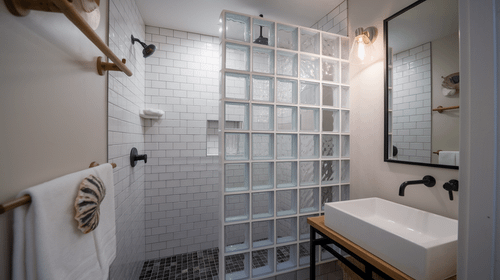 glass block wall small bathroom walk in shower idea