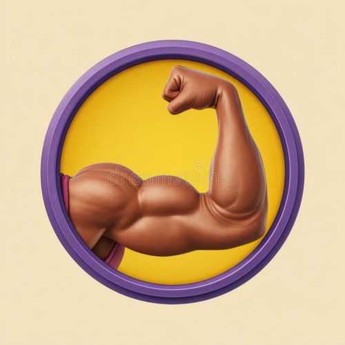 A stylized emoji of a flexed bicep, showcasing muscular definition within a purple circular frame against a yellow background. Workout emoji illustrations