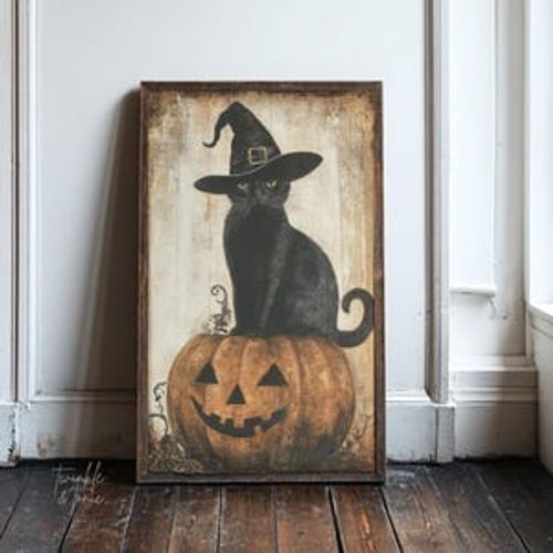 Vintage Black Cat Art, Halloween Decor, Moody Fall Poster, Rustic Dark Academia Print, Witch Hat Cottagecore Painting, Printed and Shipped