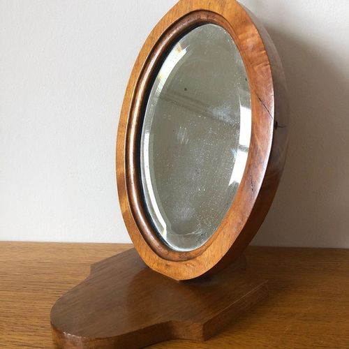 Oval circular wood frame mirror, vintage wooden standing primitive bevelled shaving mirror, mid century