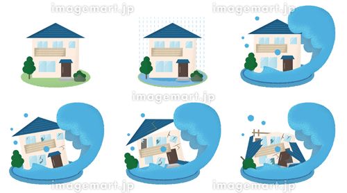水害に遭う住宅のベクターイラストセット ゲリラ豪雨,住宅ローン,ダメージのイラスト素材