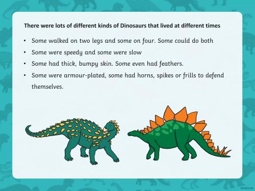 There were lots of different kinds of Dinosaurs that lived at different times
• Some walked on two legs and some on four. Some could do both
• Some were speedy and some were slow
• Some had thick, bumpy skin. Some even had feathers.
• Some were armour-plated, some had horns, spikes or frills to defend
themselves.