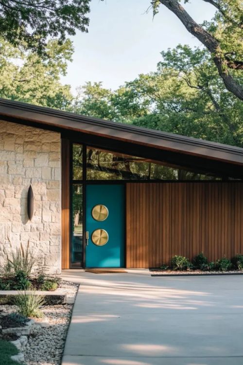 Modern mid century house exterior with natural wood stone facade and house exterior mid century modern design elements