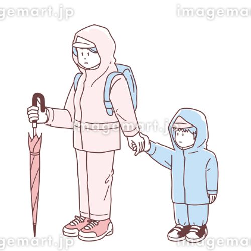 水害時に子供の手を引いて避難する女性のイラスト リュックサック,レインコート,スニーカーのイラスト素材