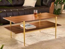 Shrine Rectangle Coffee Table, Mid-Century Modern Design, Two-Tier Walnut MDF Table, 41" D x 21" W x 17" H, Sleek Conical Metal Legs with Gold Finish