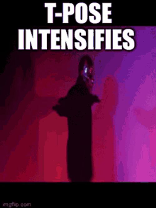 a man is standing in front of a red and purple wall with the words t-pose intensifies written above him .