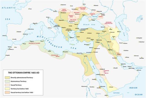 Map of the Ottoman Empire at the time of the greatest expansion and in the late 17th century
