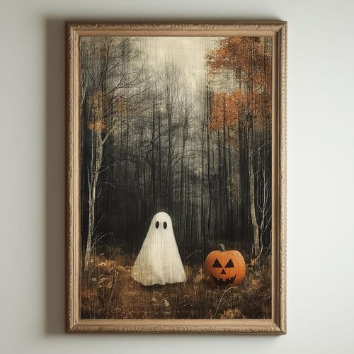 Ghost Pumpkin Picture Cute Ghost Canvas Wall Art Vintage Halloween Artwork Dark Academia Painting Gothic Ghost Poster Hall...