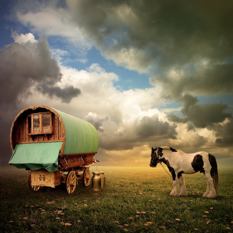 An Old Gypsy Caravan, Trailer, Wagon with a Horse. An Old Gypsy Caravan, Trailer, Wagon with a Horse