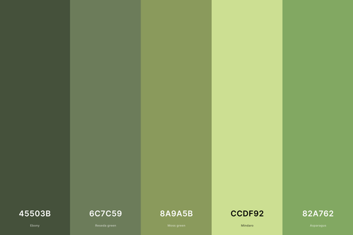 28. Moss Green Color Palette Color Palette with Ebony (Hex #45503B) + Reseda Green (Hex #6C7C59) + Moss Green (Hex #8A9A5B) + Mindaro (Hex #CCDF92) + Asparagus (Hex #82A762) Color Palette with Hex Codes