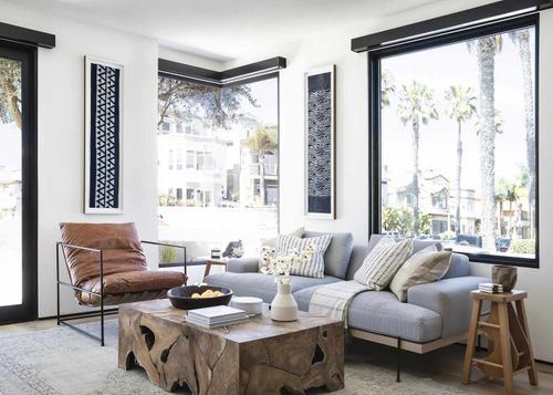 modern living room with large bare windows