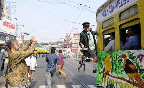 Roberto D'Andrea, tram conductor of Melbourne, enjoying the joyride in a newly decorated tram to celebrate the 20th anniversary of Kolkata Melbourne...