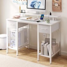 Furnify White Computer Desk with Drawers, 42 Inch Home Office Desk Study Writing Table, Gaming Desk with USB Power Outlets, Office Desk with Fabric Drawer, Work Table with Shelf for Bedroom, White