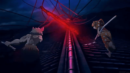 Zenitzu and Inosuke running toward Daki