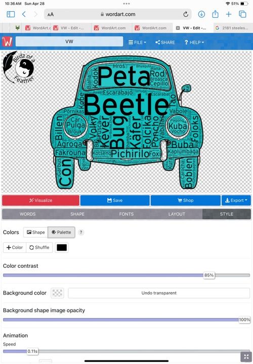 Beetle filled with words on the wordart.com website