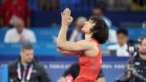 Paris: Vinesh Vinesh (red) of India reacts defeating Yusneylis Guzman Lopez of Cuba in their Woman Greco-Roman 50kg Semifinal bout of the Wrestling competitions in the Paris 2024 Olympic Games, at the South Paris Arena in Paris, France, 06 August 2024. (Source:PTI)