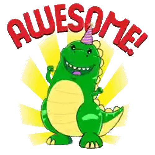 a cartoon of a green dinosaur with the words awesome above it