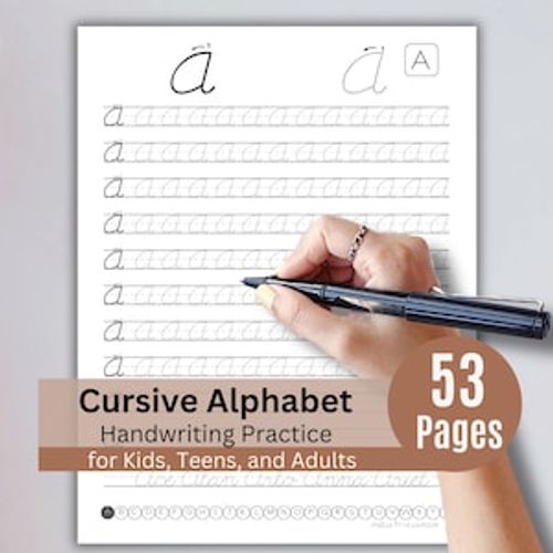 May include: A white sheet with cursive alphabet handwriting practice. The sheet includes the letter "a" in cursive, with dotted lines for tracing. The text "Cursive Alphabet Handwriting Practice for Kids, Teens, and Adults" is visible.