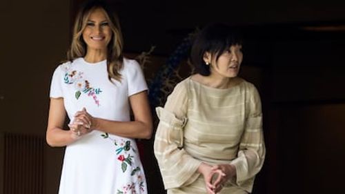 Melania Trump, in Carolina Herrera, and Akie Abe at the State Guest House on May 27, 2019 in Tokyo, Japan. Getty Images
