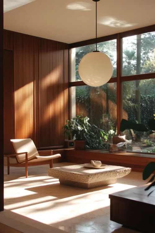 Organic shapes and clean lines in a mid century modern interior with natural materials