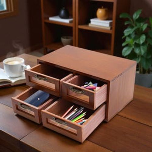 May include: A wooden desk organizer with four drawers, each with a clear window and bronze-colored handles. The drawers contain various items, including pencils, a blue case, and colorful shapes. The organizer sits on a wooden surface.