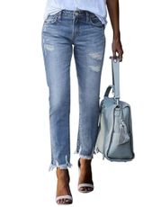 EVALESS Womens Jeans Stretch Mid Rise Pull On Ripped Distressed Jean Tummy Control Straight Ankle Denim Pants Sky Blue Size 16